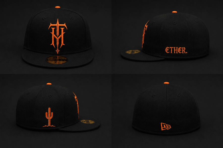 Black Saguaro fitted hats with orange embroidery